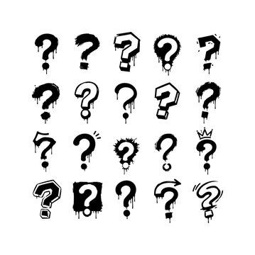 Hand Drawn Question Mark Icon Set with Brush Texture and Confusion Symbols