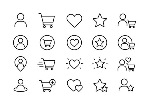 E-commerce Icon Set with User, Shopping Cart, Heart, Star and Delivery Symbols