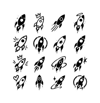 Rocket Launch Icon Collection with Crown, Star and Space Startup Symbols