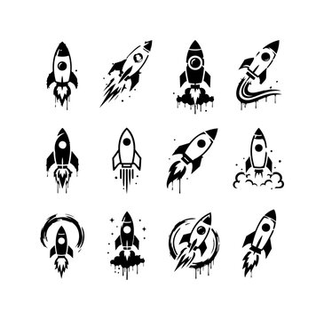 Hand Drawn Rocket Icon Set with Sketch Style Space Launch and Startup Symbols