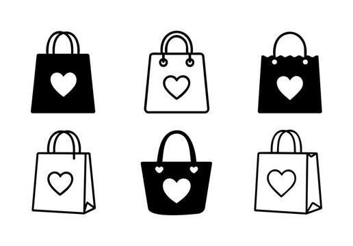 Shopping Bag Icon Set with Heart Symbol for Retail and Ecommerce Design