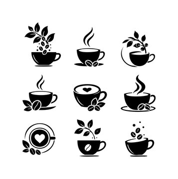 Coffee Cup Icon Set with Leaf, Coffee Bean and Steam Symbols for Cafe Branding