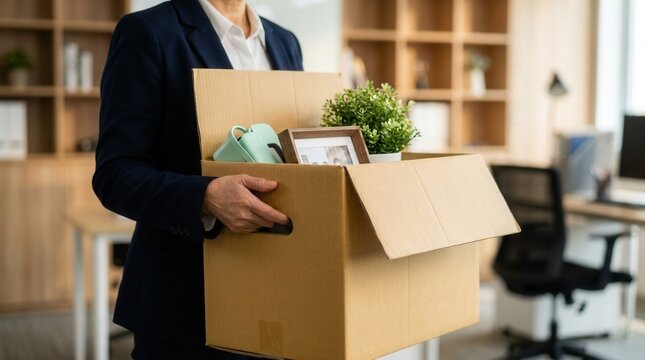 Senior Asian business woman carrying a cardboard box of personal belongings after resigning.