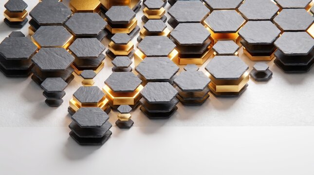 Abstract 3D black and gold hexagonal tiles isolated on white background, luxury geometric pattern