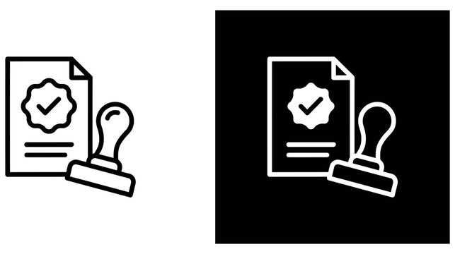 Official document with checkmark seal and rubber stamp icon representing approval and verification.