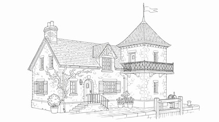 Obraz premium Line art of a medieval stone cottage with a tower balcony for coloring