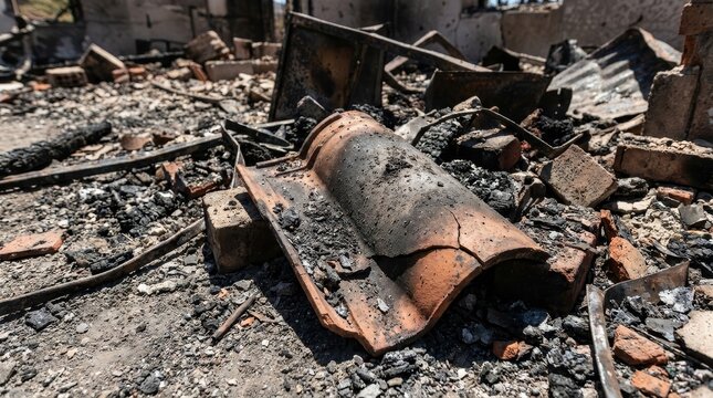 Rubble and debris marking the aftermath of destruction.