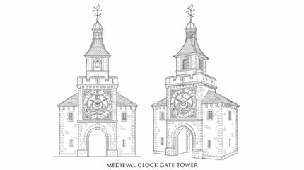 Obraz premium Architectural Line Art Sketch of Medieval Astronomical Clock Gate Tower
