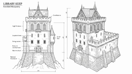 Obraz premium Detailed architectural drawing of a medieval fortified library keep