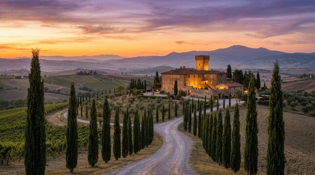 Idyllic Tuscan villa with a cypress-lined road at sunset, offering a peaceful retreat.