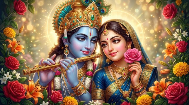Radha and Krishna embrace divine love amidst a garden of vibrant flowers.