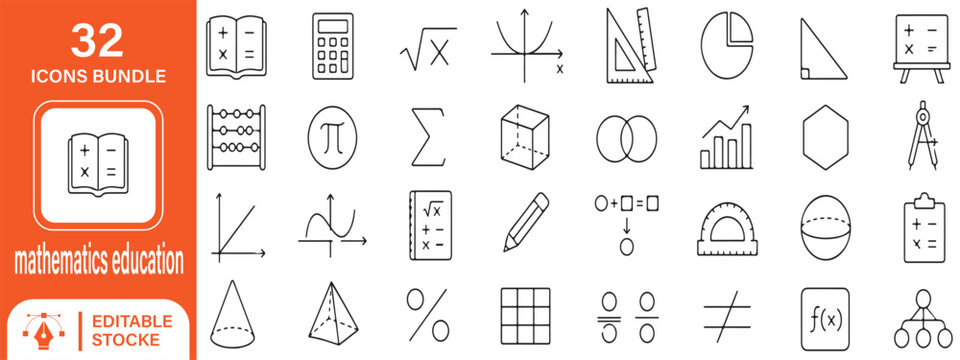 32 Mathematics Education Vector Outline Icons Set &ndash; Math, Algebra, Geometry, Calculator, Graph and Equation Line Symbols Collection