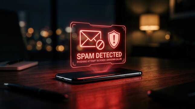 Smartphone projecting a holographic spam detected warning message for inbox protection.