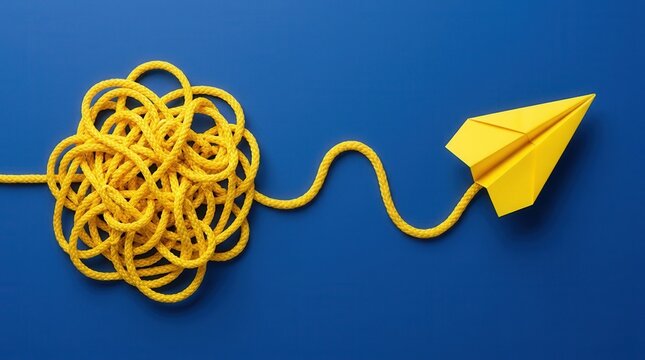 Tangled yellow rope untangling into a straight path leading to a yellow paper airplane.