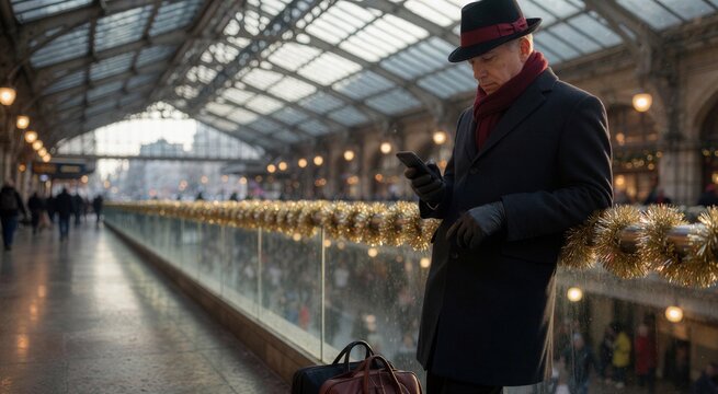 Man in coat checks phone near tinsel railing inside a grand station, suggesting Christmas shopping atmosphere.