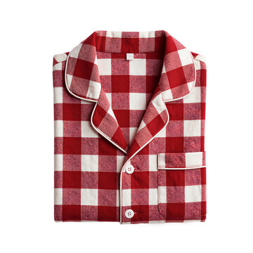 Red flannel pajama set with checkered pattern folded neatly on transparent background