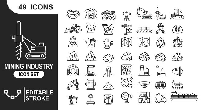 Heavy mining equipment vector line icon set featuring drilling machinery excavators and mineral processing