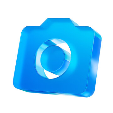 Camera 3D glass icon in right perspective isolated on transparent background. Glass symbol for photography image capture pictures and media apps. 3D illustration.