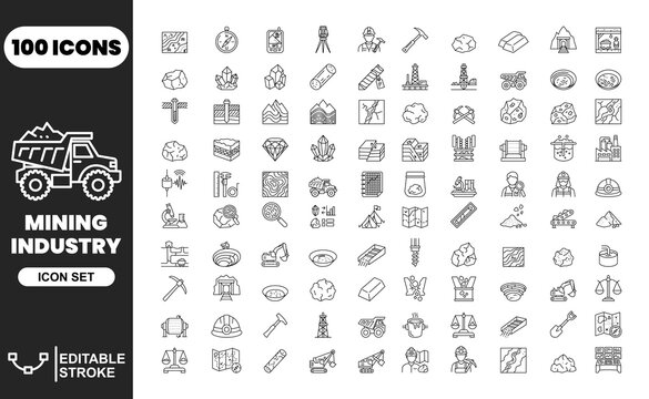 Mega pack hundred mining industry line icons covering minerals heavy machinery geology and tools