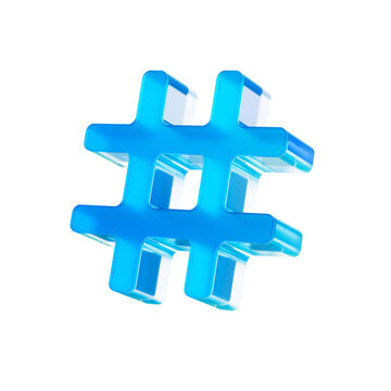 Hashtag 3D glass icon in right perspective isolated on transparent background. Glass symbol for social media topics tags trends and content indexing. 3D illustration.