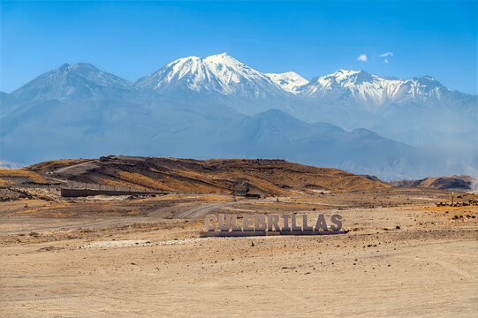 A view from the Culebrillas canyon towards Chachani volcano close to Arequipa, Peru in the dry season