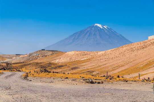 A view from the Culebrillas canyon towards Misti volcano close to Arequipa, Peru in the dry season