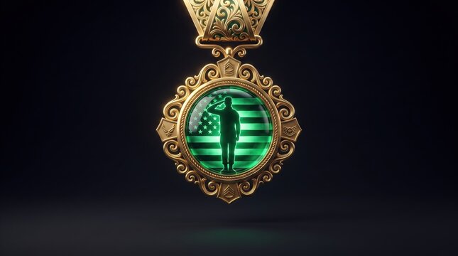 Gold Ornate Military Medal with Saluting Soldier and American Flag, Isolated on Solid Black Background