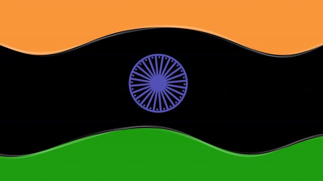 Abstract illustration of the indian national flag with wavy stripes and a blue wheel symbol in the center representing peace and prosperity
