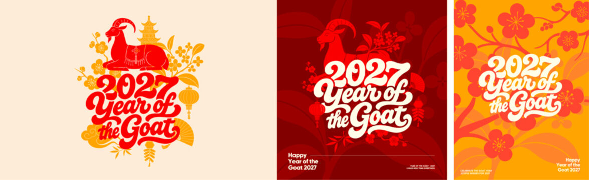 Design collection of Lunar New Year 2027 greeting posters featuring a stylized goat, lanterns, pagoda, blossoms and festive typography for the Year of the Goat.