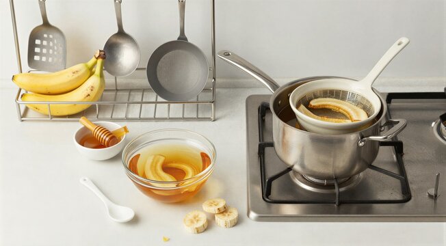 Banana slices heating in double boiler on stovetop kitchen counter