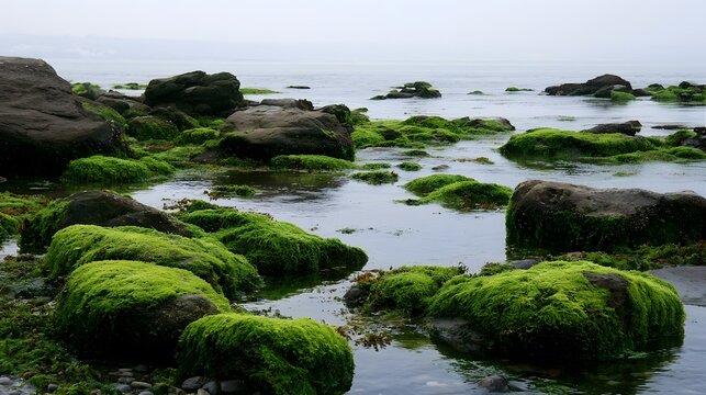 Green moss covered rocks in shallow coastal water with calm sea and overcast sky in the background