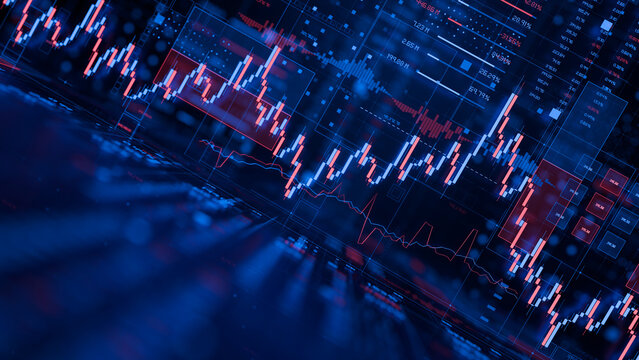 Stock forex financial data document graph chart report statistic marketing research development planning management analysis accounting. Financial business technology hologram concept. 3d rendering.