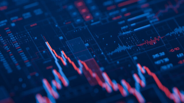Stock forex financial data document graph chart report statistic marketing research development planning management analysis accounting. Financial business technology hologram concept. 3d rendering.