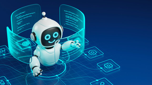 AI agent robot workflow automation orchestrator artificial intelligence data coding icon flow process assistant technology futuristic 3d rendering.
