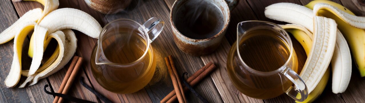 Bananas and tea cups arranged with cinnamon on wooden table