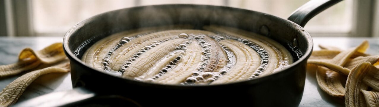 Banana cooking in frying pan on stovetop near window