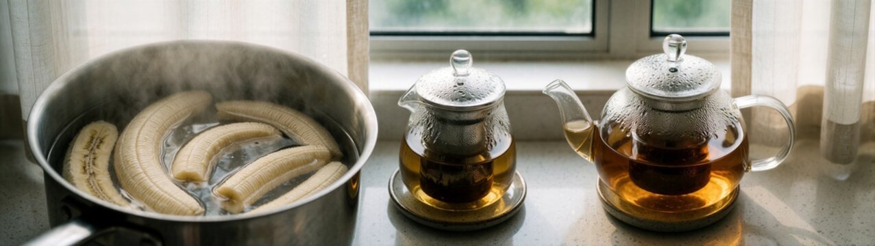Pot of boiling bananas with glass teapot and infuser