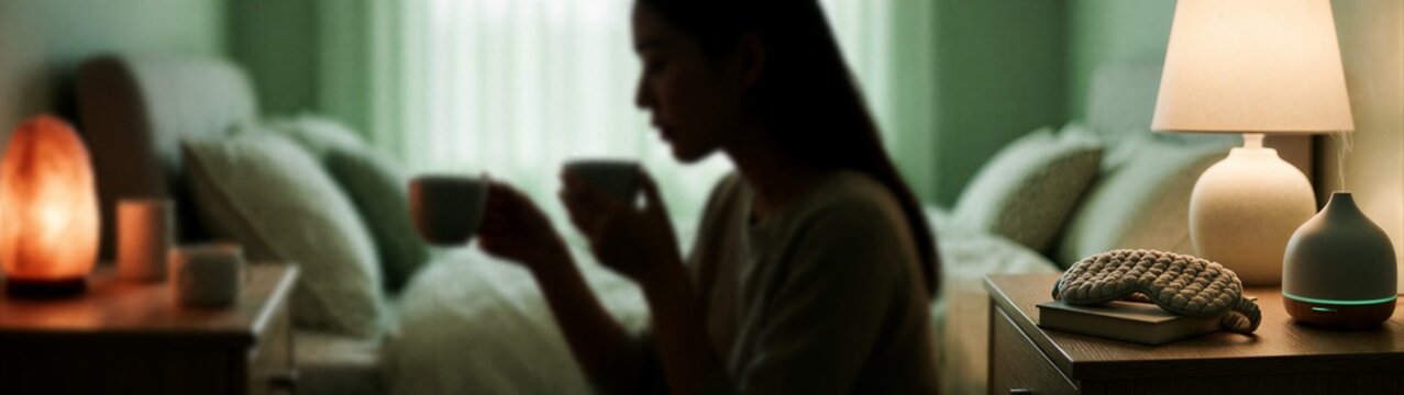 Woman holding cup sitting on bed in softly lit bedroom interior