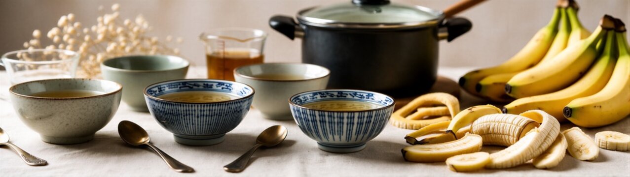 Ceramic bowls arranged with peeled bananas and cooking pot on table