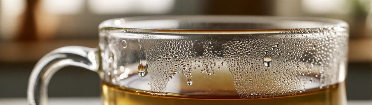 Glass mug steaming tea with condensation on kitchen counter