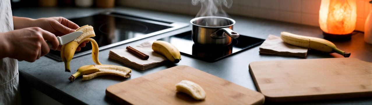 Hands peeling bananas with cutting boards and pot on stove