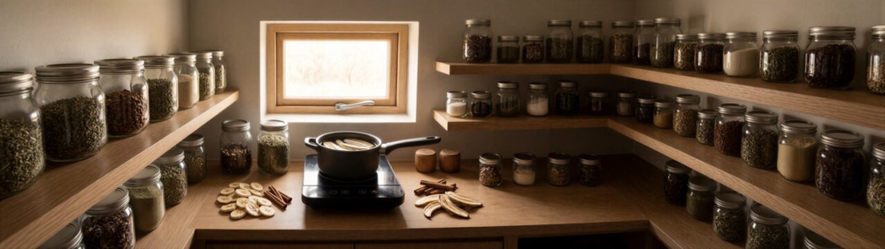 Pantry with jars and single burner near small window