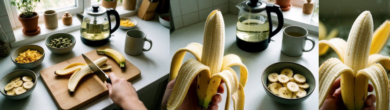 Banana being sliced on kitchen counter with breakfast setup
