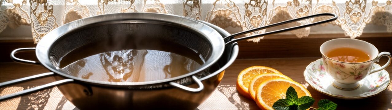 Tea strainer drying with cup and orange slices on sill