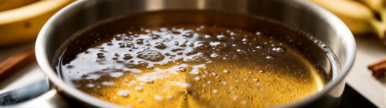 Boiling syrup in saucepan on stovetop close up kitchen preparation