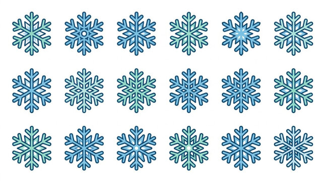 Collection of intricate blue snowflake designs on white.