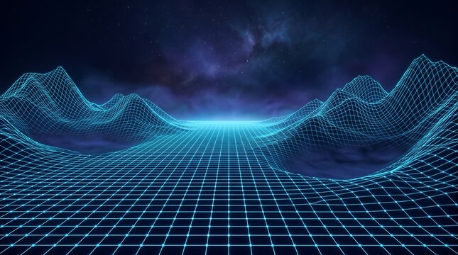 Futuristic digital landscape with glowing cyan wireframe mountains and grid terrain beneath a starry night sky featuring nebula clouds creating a cybernetic virtual reality world