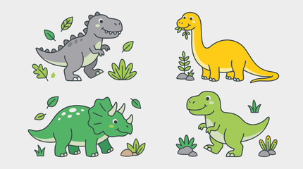 Fototapeta premium Set of adorable flat cartoon dinosaur characters isolated on grey background for children design