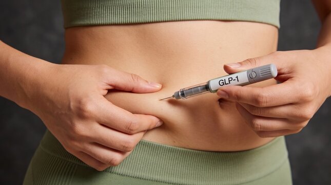 Woman administering a GLP 1 injection into her abdomen with an injection pen, illustrating weight management, obesity treatment, medication and self care