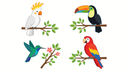 Naklejka premium Flat vector illustration set of exotic tropical birds including cockatoo, toucan, parrot, and hummingbird with flowers and leaves